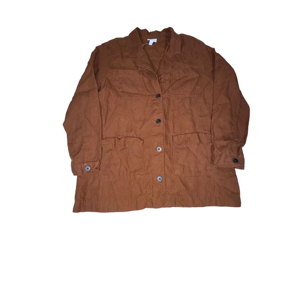 J.Jill Love Linen Utility Jacket Womens L Rust Brown 100% Linen Button Front